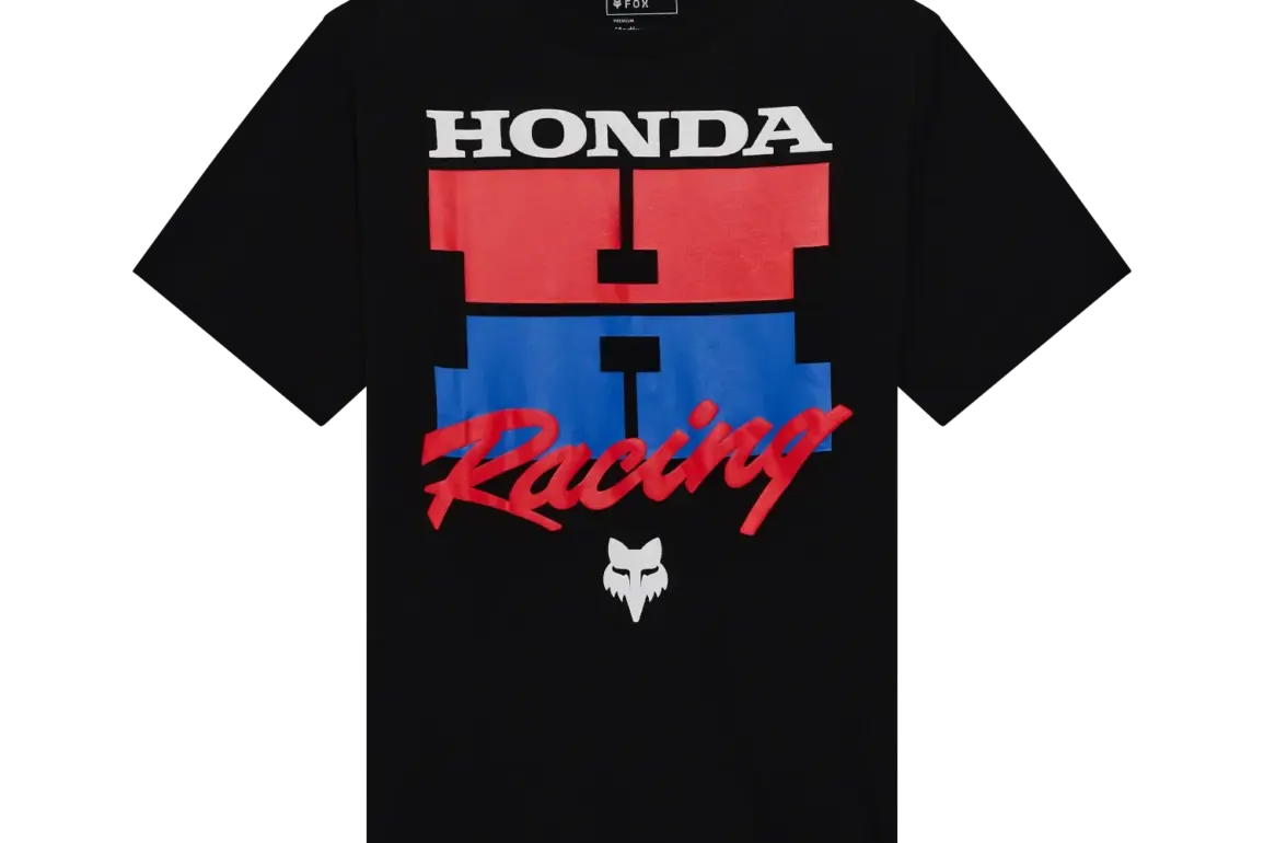 Schwarzes Honda Oversized T‑Shirt mit rotem und blauem Grafikdruck und weißem Racing-Schriftzug vorne.
