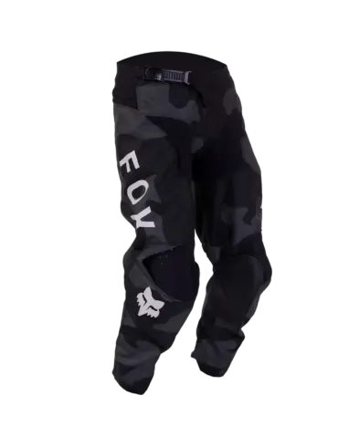 Fox 180 Bnkr Jugend Crosshose in Schwarz Camouflage mit robusten Lederbesätzen und markantem Logo.