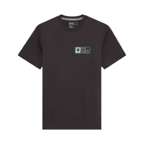 Schwarzes Fox Vision Tech Tee mit kleinem Logo und Text auf der Brust, dargestellt vor neutralem Hintergrund.