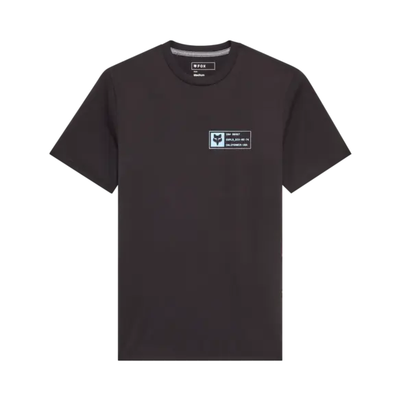 Schwarzes Fox Vision Tech Tee mit kleinem Logo und Text auf der Brust, dargestellt vor neutralem Hintergrund.