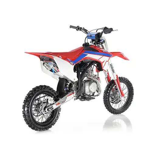 Apollo AM Thunder 125 Pitbike in Rot mit grobstolligen Reifen und robustem Rahmen, seitlich fotografiert.