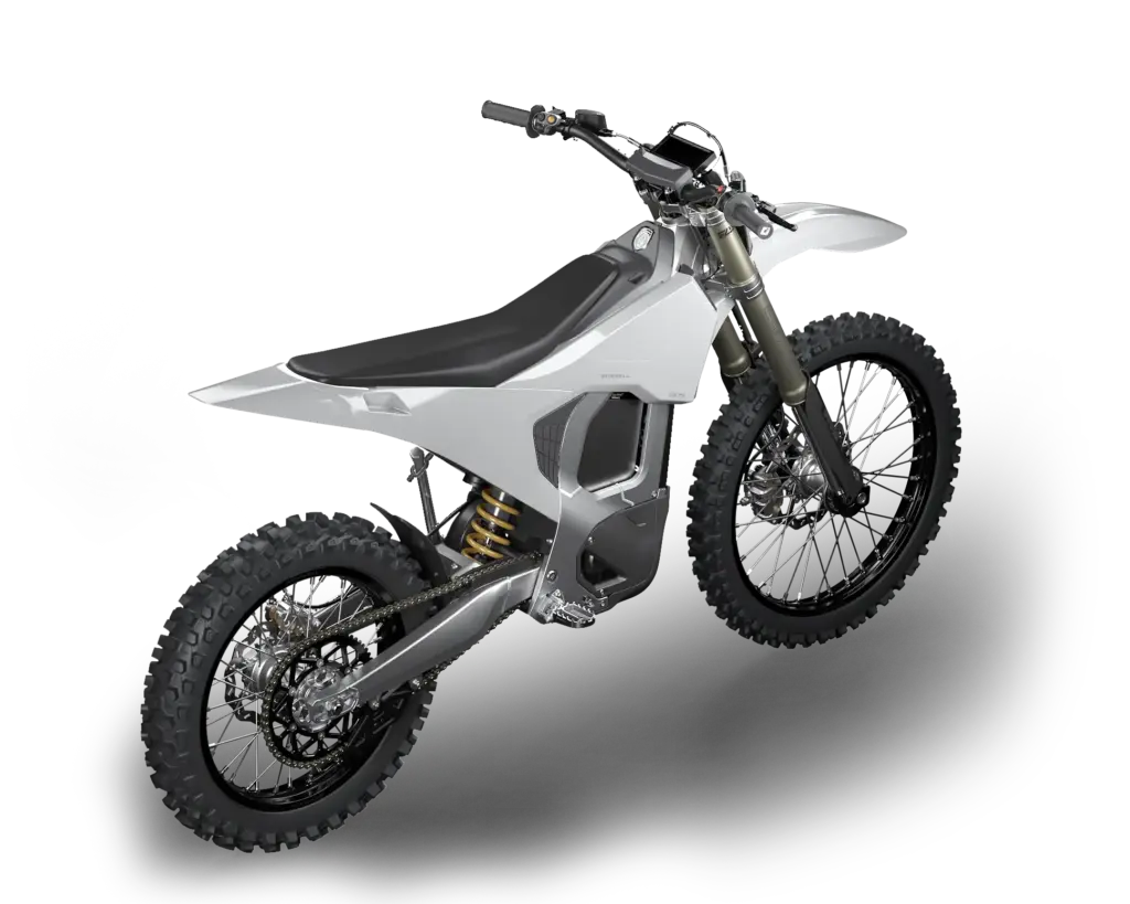 Moderne Bonnell 805 E-Dirtbike in silberner Farbe auf schwarzem Hintergrund, Offroad-Bereifung, Aluminumrahmen und sportliches Design sichtbar