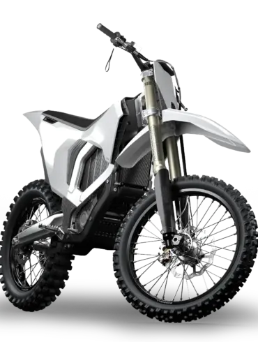 Elektro-Motocross-Motorrad Bonnell 902 in weißer Lackierung vor neutralem Hintergrund
