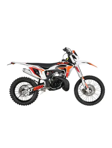 Kayo KT250 Offroad-Motorrad, Seitenansicht, weiß-orange-schwarzes Design, für Enduro und Motocross geeignet.