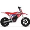 Electric Dirt Bike Olala MX-E150 12inch – seitliche Ansicht des roten Kinder-Elektromotorrads mit vollgefederter Offroad-Ausstattung.