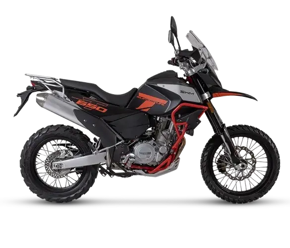 SWM Superdual T Motorrad in seitlicher Ansicht mit Offroad-Bereifung und Touring-Ausstattung.