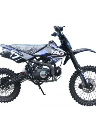 Seitenansicht der Tao Motor DB17, einem leichten Offroad-Motorrad mit grobstolligen Reifen und sportlichem Design.