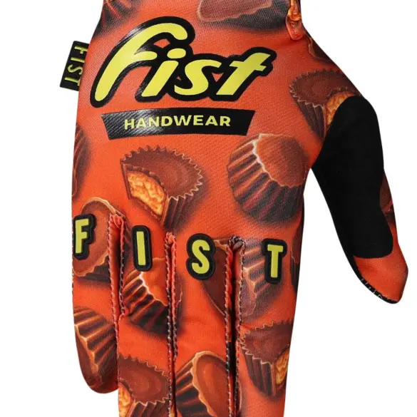 FIST Handwear Handschuh in Orange mit Schokoladenmotiv und Logo, ideal für Motocross und MTB