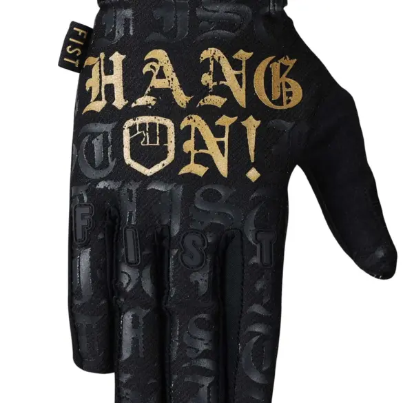 Schwarzer FIST Handwear Hang On Handschuh mit goldener Aufschrift, ideal für Motocross, BMX und MTB.