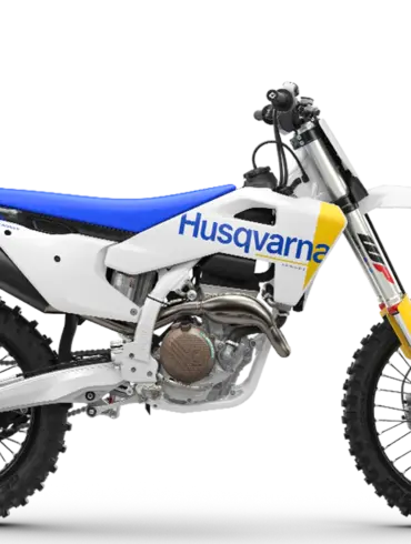 Motocross-Motorrad Husqvarna FC 250 2027 in Seitenansicht mit blauem Sitz und Premium Herstellergarantie-Emblem.