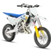 Husqvarna TC 65 2027 Kinder-Motocross-Motorrad in weiß-blau-gelb mit Stollenreifen, Seitenansicht