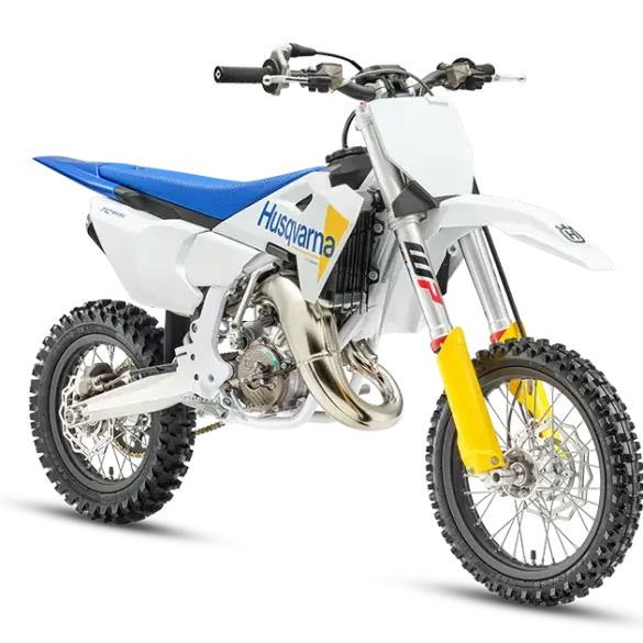 Husqvarna TC 65 2027 Kinder-Motocross-Motorrad in weiß-blau-gelb mit Stollenreifen, Seitenansicht