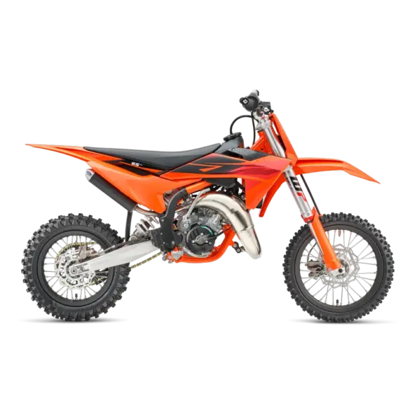 2027 KTM 65 SX Motocross-Motorrad in Seitenansicht, orange mit schwarzer Grafik, freigestellt.
