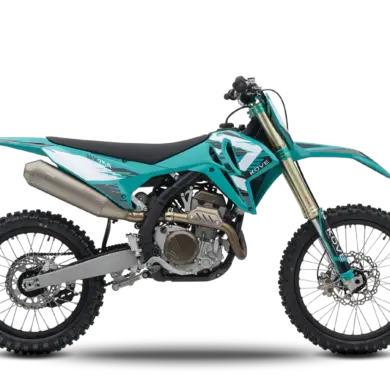 Kove MX250 Offroad-Motorrad in seitlicher Ansicht, türkisfarbene Rennmaschine für Motocross und Rally-Einsätze