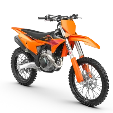 Motocross-Motorrad KTM 350 SX-F 2027 in leuchtendem Orange, Seitenansicht auf weißem Hintergrund