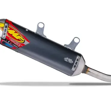 FMF Turbinecore 2.1 Endschalldämpfer aus Aluminium und Edelstahl mit Funkenfänger, schräge Ansicht