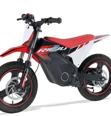Rieju MX14 500W Elektro-Kindermotorrad mit rotem Rahmen und Offroad-Reifen auf weißem Hintergrund