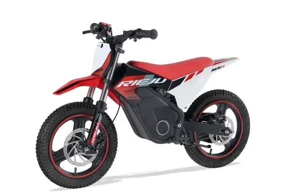 Rieju MX14 500W Elektro-Kindermotorrad mit rotem Rahmen und Offroad-Reifen auf weißem Hintergrund