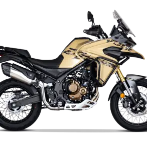 Seitenansicht der Voge DS625X Reiseenduro in gold-schwarz mit Schutzbügel und Tourenausstattung.