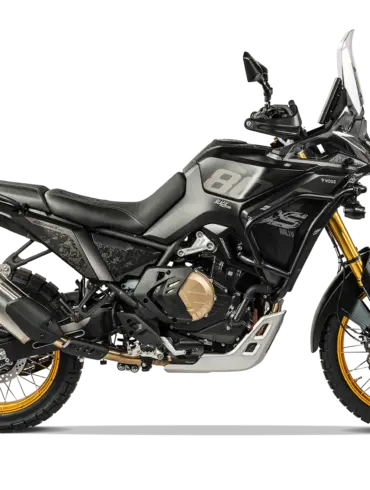 VOGE DS800X RALLY Motorrad, schwarze Enduro mit goldenen Felgen in Seitenansicht