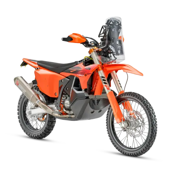 KTM 450 RALLY REPLICA 2027 in Seitenansicht, Rallye-Motorrad mit Akrapovič-Auspuff und Navigationsturm.