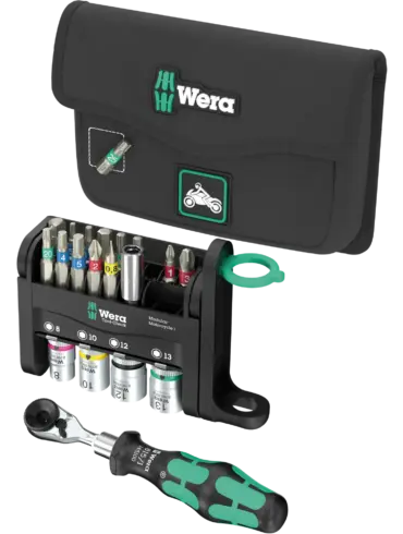 Wera 21-teiliges Motorrad-Werkzeugset mit Bit-Ratsche, farbcodierten Bits, Steckschlüsseleinsätzen und robuster Tasche.