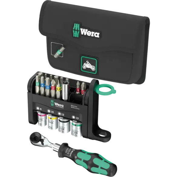 Wera 21-teiliges Motorrad-Werkzeugset mit Bit-Ratsche, farbcodierten Bits, Steckschlüsseleinsätzen und robuster Tasche.