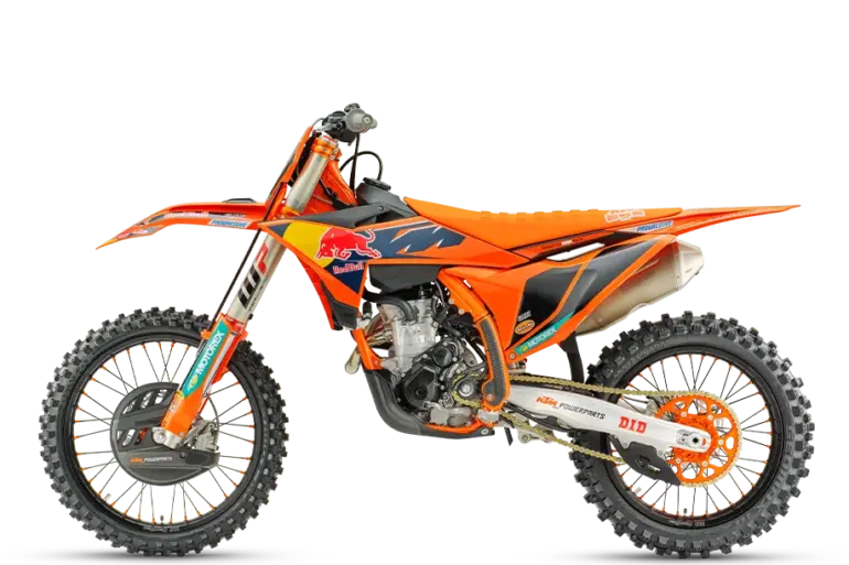 KTM 250 SX-F Factory Edition 2026 Motocross-Motorrad, Seitenprofil, Orange mit blauen Akzenten, komplett ausgestattet.
