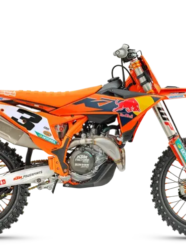 Seitenansicht der 2026 KTM 450 SX-F Factory Edition mit Red-Bull-Grafik und Rennkomponenten.