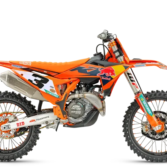 Seitenansicht der 2026 KTM 450 SX-F Factory Edition mit Red-Bull-Grafik und Rennkomponenten.