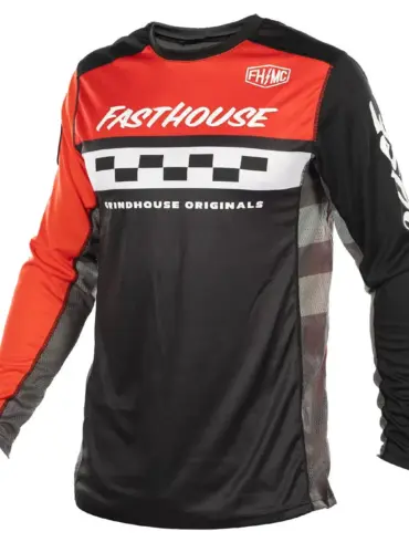 Fasthouse Grindhouse Atomic Jersey in Schwarz-Rot mit auffälligem Brustdruck und ventilierten Seitenteilen.
