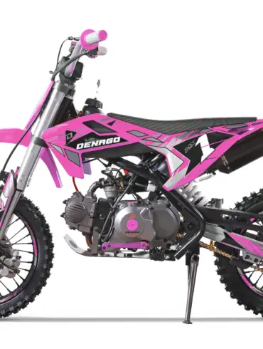Denago MX1 Dirt Bike in Pink, Seite, Jugend-Offroad-Motorrad mit grobstolligen Reifen und sportlicher Optik.