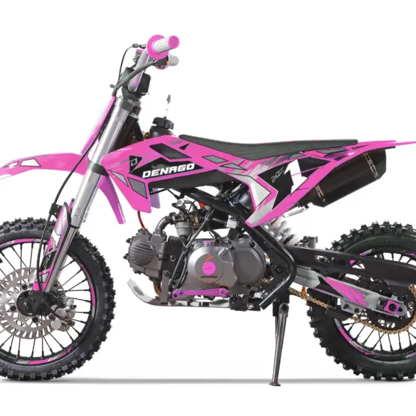 Denago MX1 Dirt Bike in Pink, Seite, Jugend-Offroad-Motorrad mit grobstolligen Reifen und sportlicher Optik.