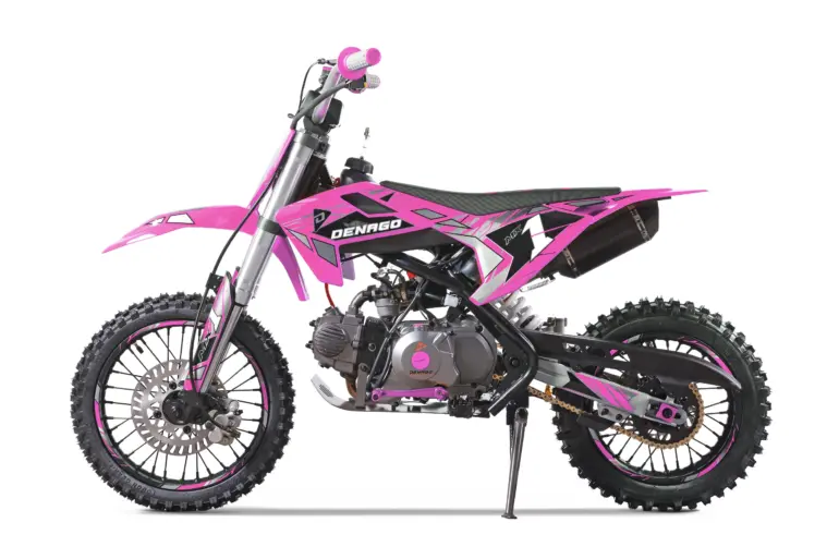 Denago MX1 Dirt Bike in Pink, Seite, Jugend-Offroad-Motorrad mit grobstolligen Reifen und sportlicher Optik.