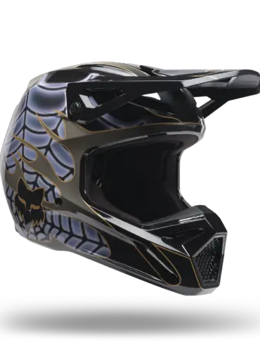 Fox Lab V1 Helm in Schwarz mit grafischem Muster von der Seite