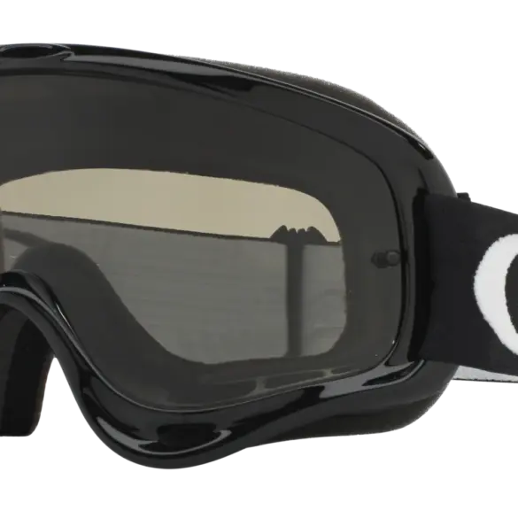 Oakley O-Frame MX Goggle in Schwarz mit dunklem Glas und breitem schwarzen Band mit weißem O-Logo, freigestellt.
