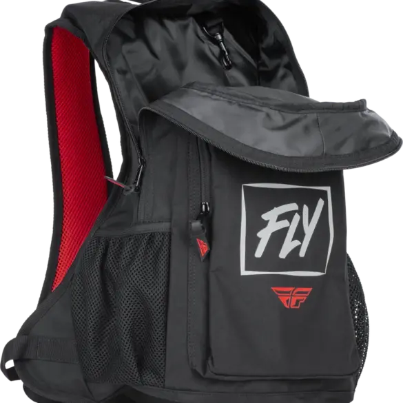 Schwarzer FLY Jump Pack Rucksack mit geöffnetem Hauptfach und Fronttasche, seitlichen Netzfächern und rotem Innenfutter.