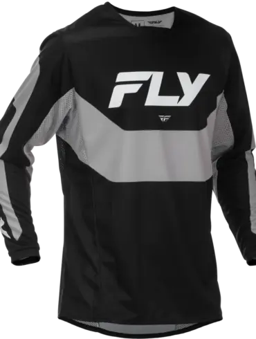 Motocross Trikot Kinetic Jersey 2026 in Schwarz/Grau von FLY Racing, Produktaufnahme frontal