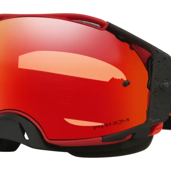 Motocross-Brille Oakley Airbrake MX mit roter Prizm MX Torch Iridium Scheibe und Red Motion Strap.