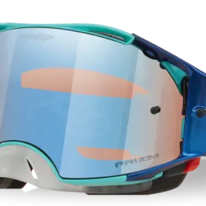 Oakley Airbrake MX Troy Lee Designs White Blue Stars mit reflektierendem Prizm MX Low Light Glas und verstellbarem, rot-blau gemustertem Band.