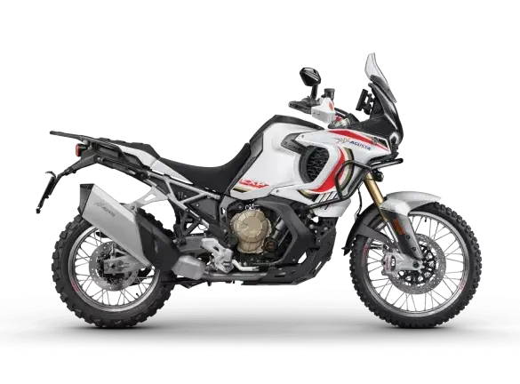 MV Agusta Enduro Veloce 931 LXP Orioli Adventure-Bike von der Seite, weiß-schwarz lackiert, auf schwarzem Hintergrund