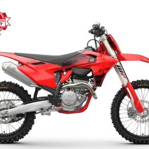GASGAS MC 250F 2027 Motocross-Motorrad, seitliche Ansicht, rote Verkleidung, schwarze Details.