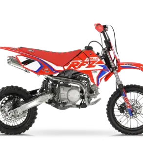 Seitenansicht der RFZ Mini Jaguar 125CC, ein rotes Offroad-Pitbike für junge Fahrer mit 125 cm³ Viertaktmotor.