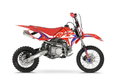 Seitenansicht der RFZ Mini Jaguar 125CC, ein rotes Offroad-Pitbike für junge Fahrer mit 125 cm³ Viertaktmotor.