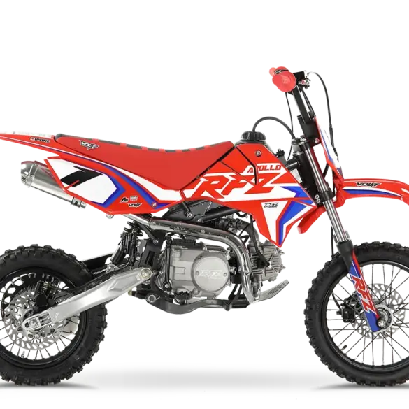 Seitenansicht der RFZ Mini Jaguar 125CC, ein rotes Offroad-Pitbike für junge Fahrer mit 125 cm³ Viertaktmotor.