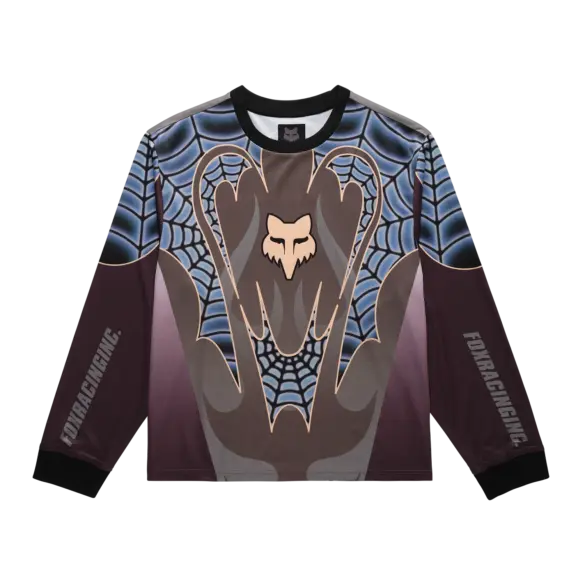 Fox Lab Spiderweb Trikot mit Spinnennetzgrafik, Fox Head-Logo auf der Brust und Fox Racing-Schriftzug an den Ärmeln