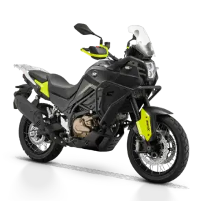 SVT 650 X Adventure-Bike in Schwarz-Gelb, ausgestattet für Straße und Schotterpisten.
