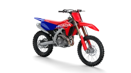 Honda CRF450R Motocross-Motorrad in Rot und Blau, Seitenansicht