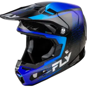 Motocross-Helm FLY Racing Formula S Carbon Protocol in Blau-Schwarz von der Seite vor weißem Hintergrund