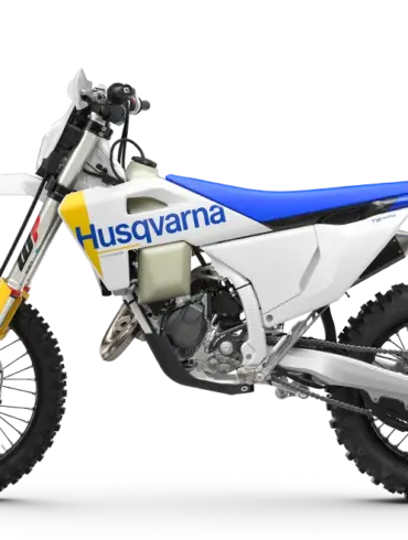 Husqvarna TE 125 Sportenduro-Motorrad in Seitenansicht mit blauem Sitz und weiß-gelbem Design